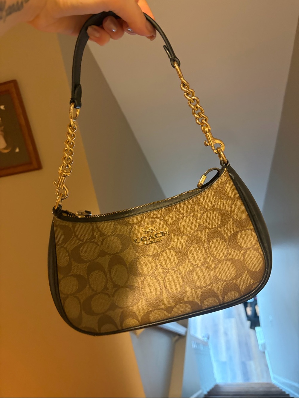 Coach Mini Shoulder Bag in Brown with Black Trim and Gold Hardware
